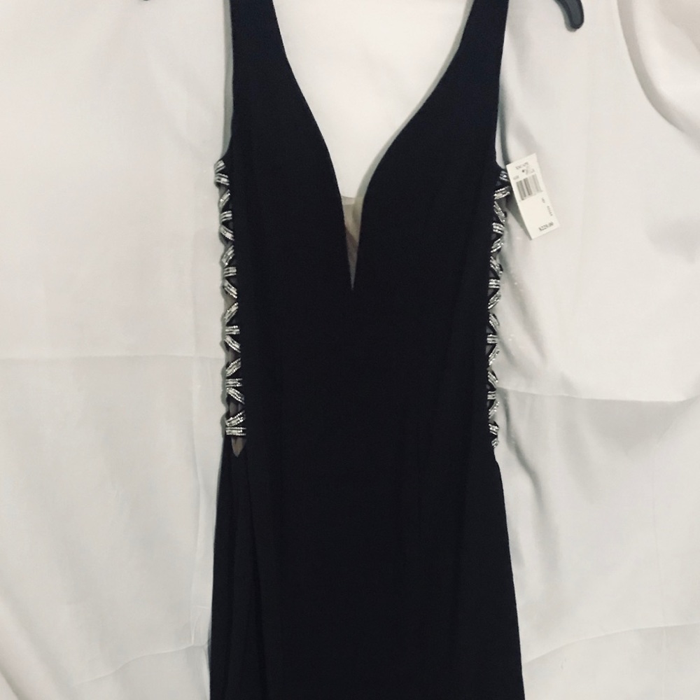 XSCAPE Deep V Long Jersey Illusion Side Gown